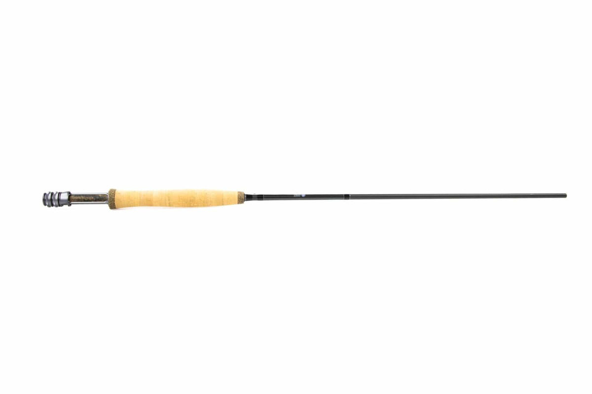 Douglas SKY-G fly rod with natural cork handle, black graphite blank and metal reel seat on white background