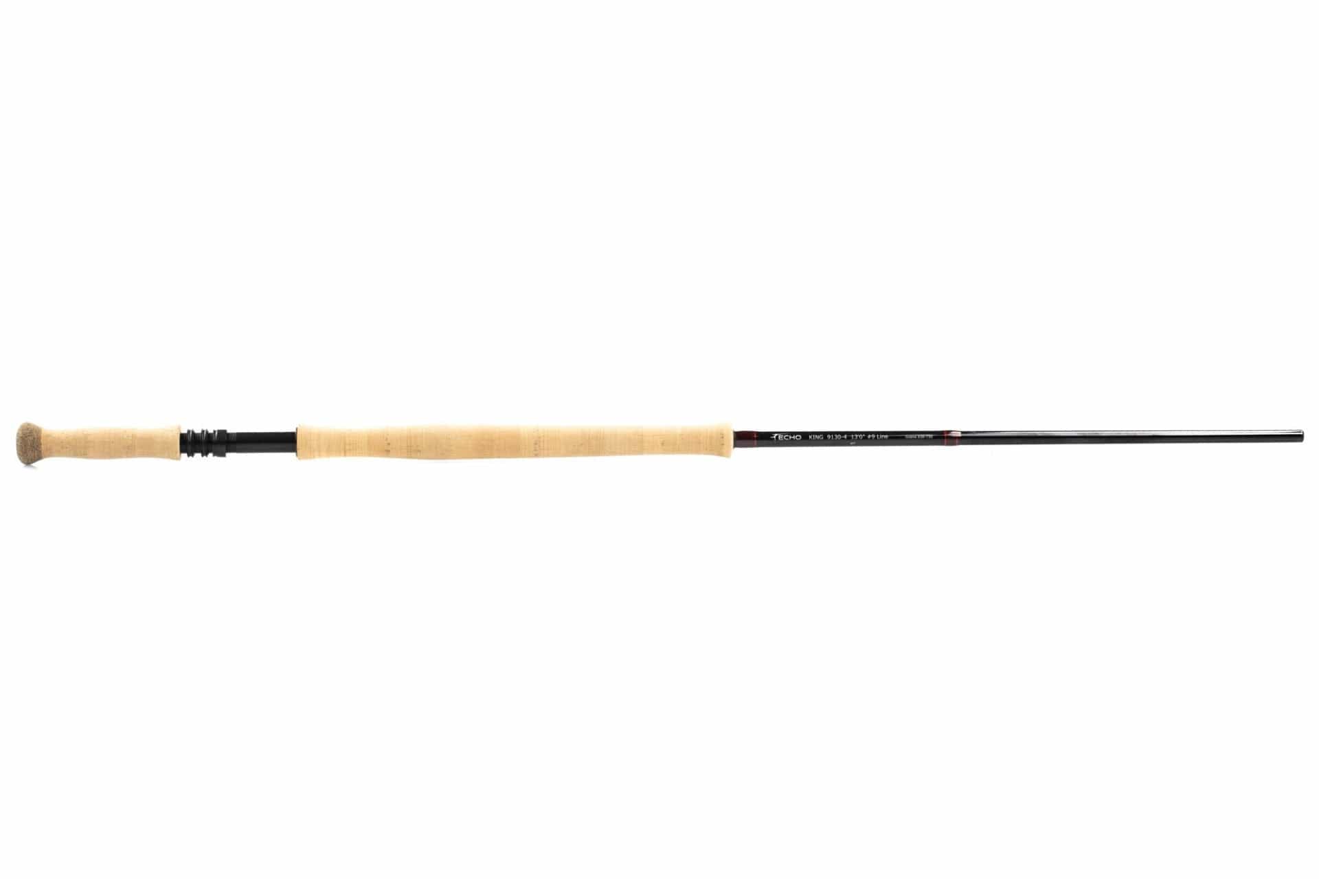 Echo King spey rod with long black graphite blank and natural cork double-handed handle on white background