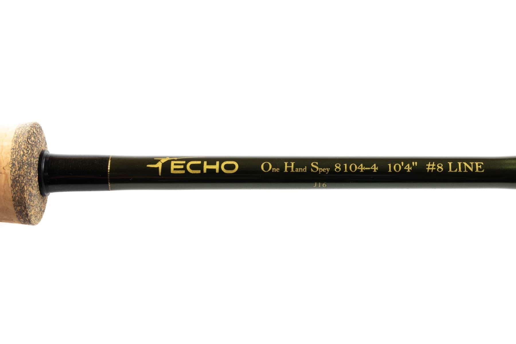 Echo OHS olive-green fly rod blank with gold lettering, cork butt handle, one-hand spey 10'4 #8 line