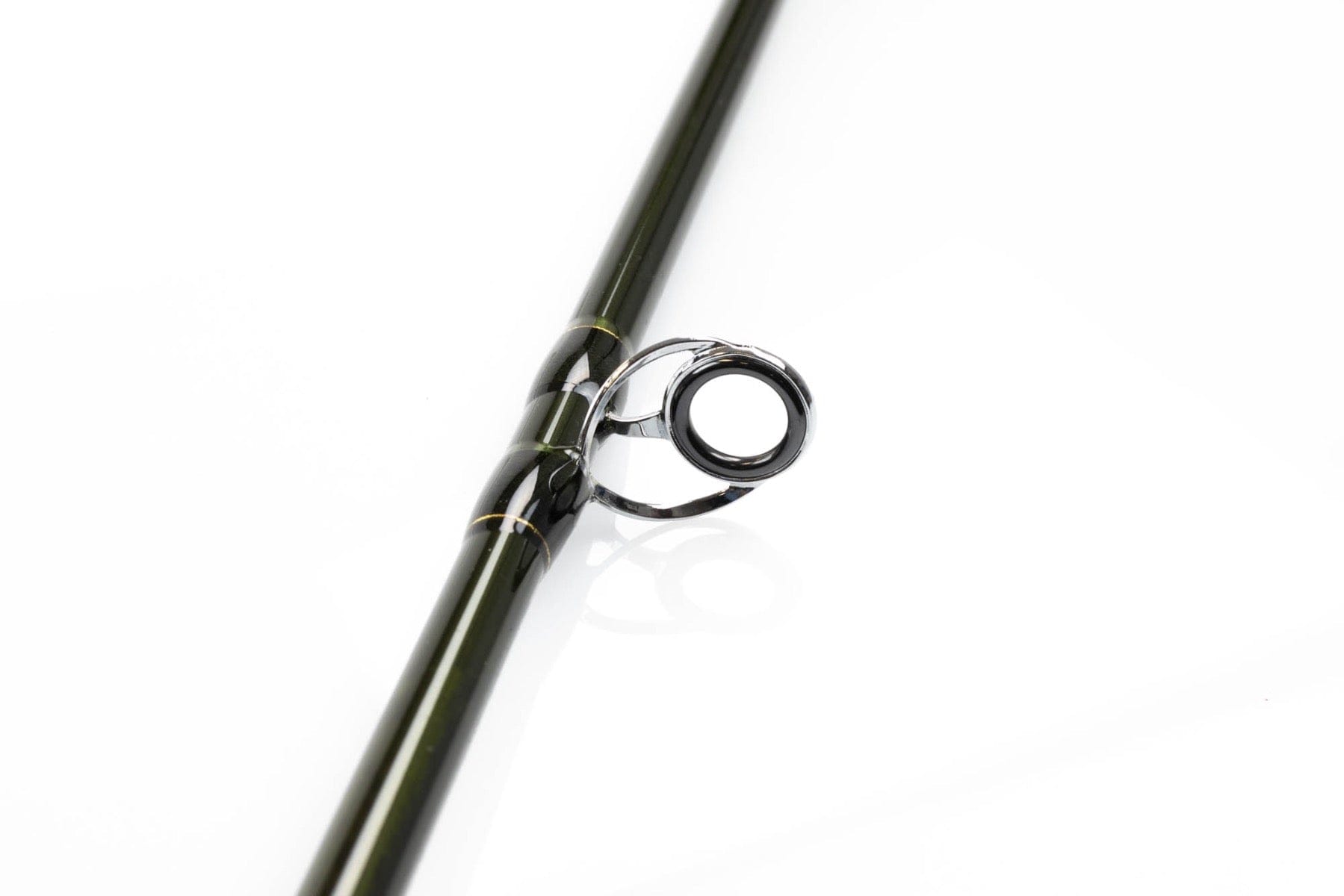 Olive-green Echo OHS fly rod blank with glossy graphite finish, chrome guide ring with black ceramic insert and gold trim.