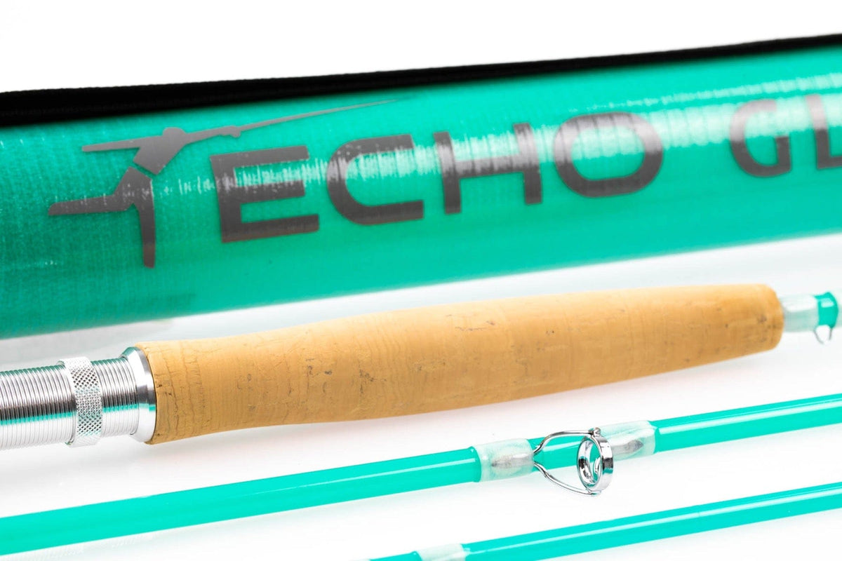 Turquoise Echo River glass fly rod with cork handle, chrome reel seat and stainless-steel guides