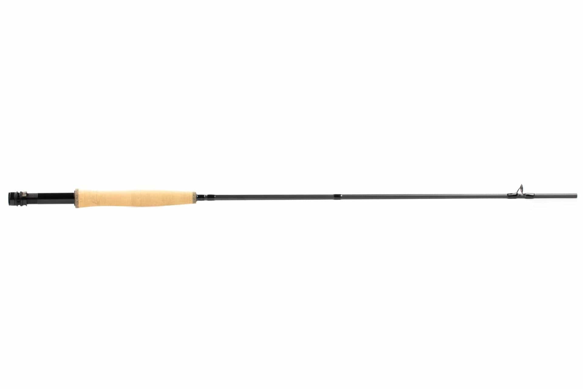 Echo Shadow II fly rod — slim black graphite blank with natural cork handle and metal guides, single-handed trout rod