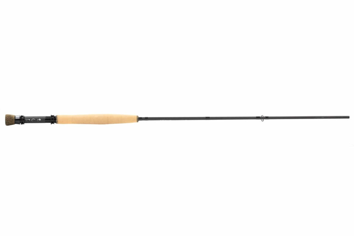 Echo Shadow X fly rod with long tan cork handle and matte black graphite blank, single-hand rod with minimalist guides