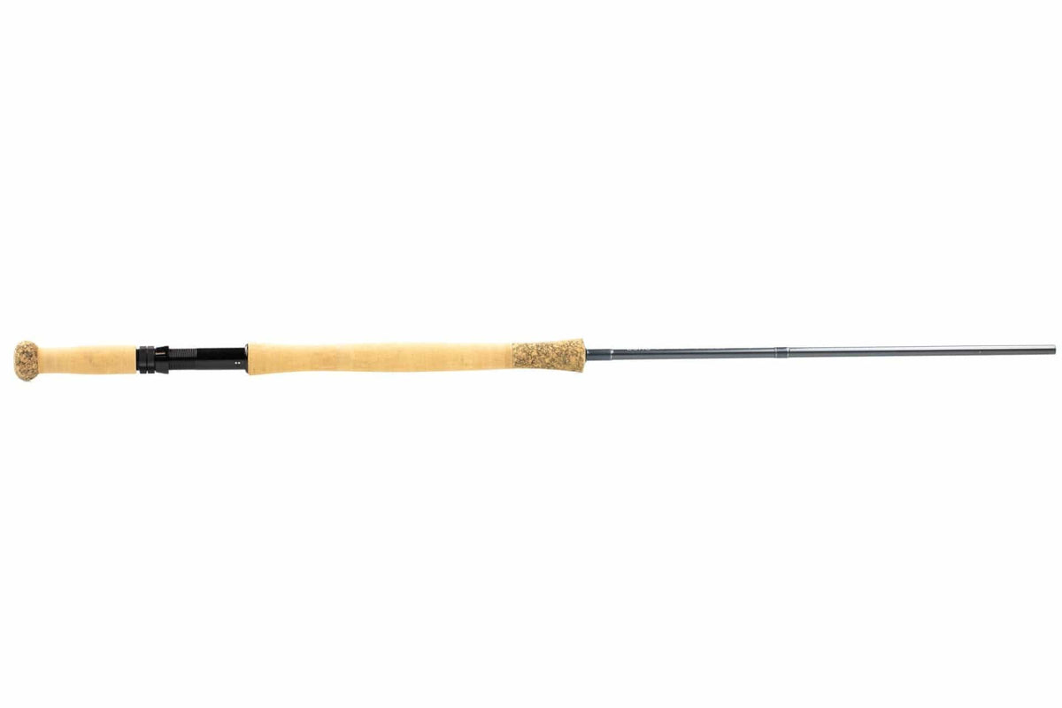 Echo SR switch rod with long tan cork handle, black reel seat and graphite gray blank