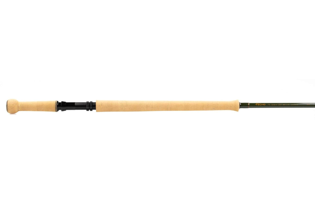 Echo TR2 Spey rod with long cork two-handed handle, black reel seat and olive-green graphite blank