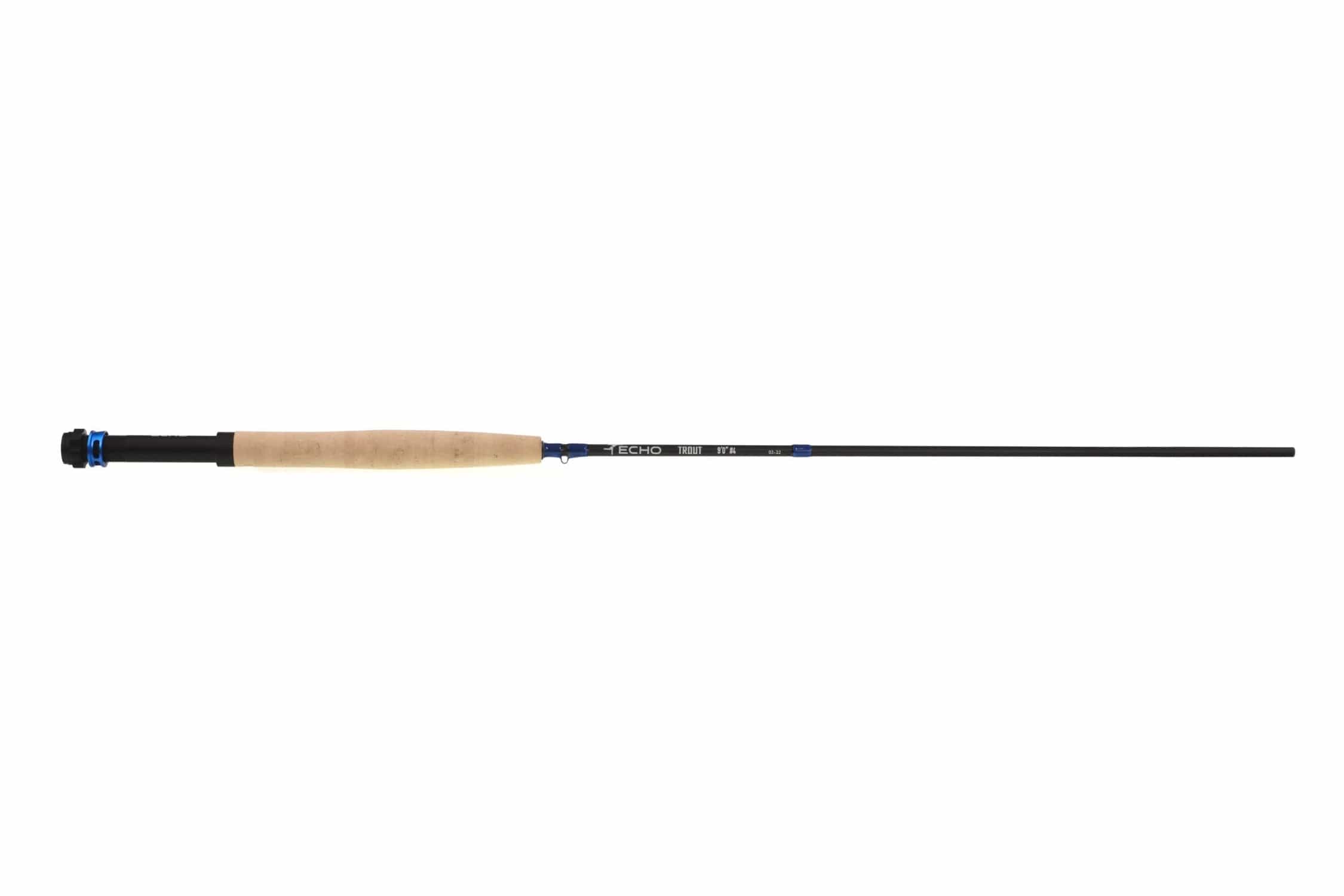 Echo trout fly rod with natural cork handle, black graphite blank and blue anodized reel seat accents, 9-foot length