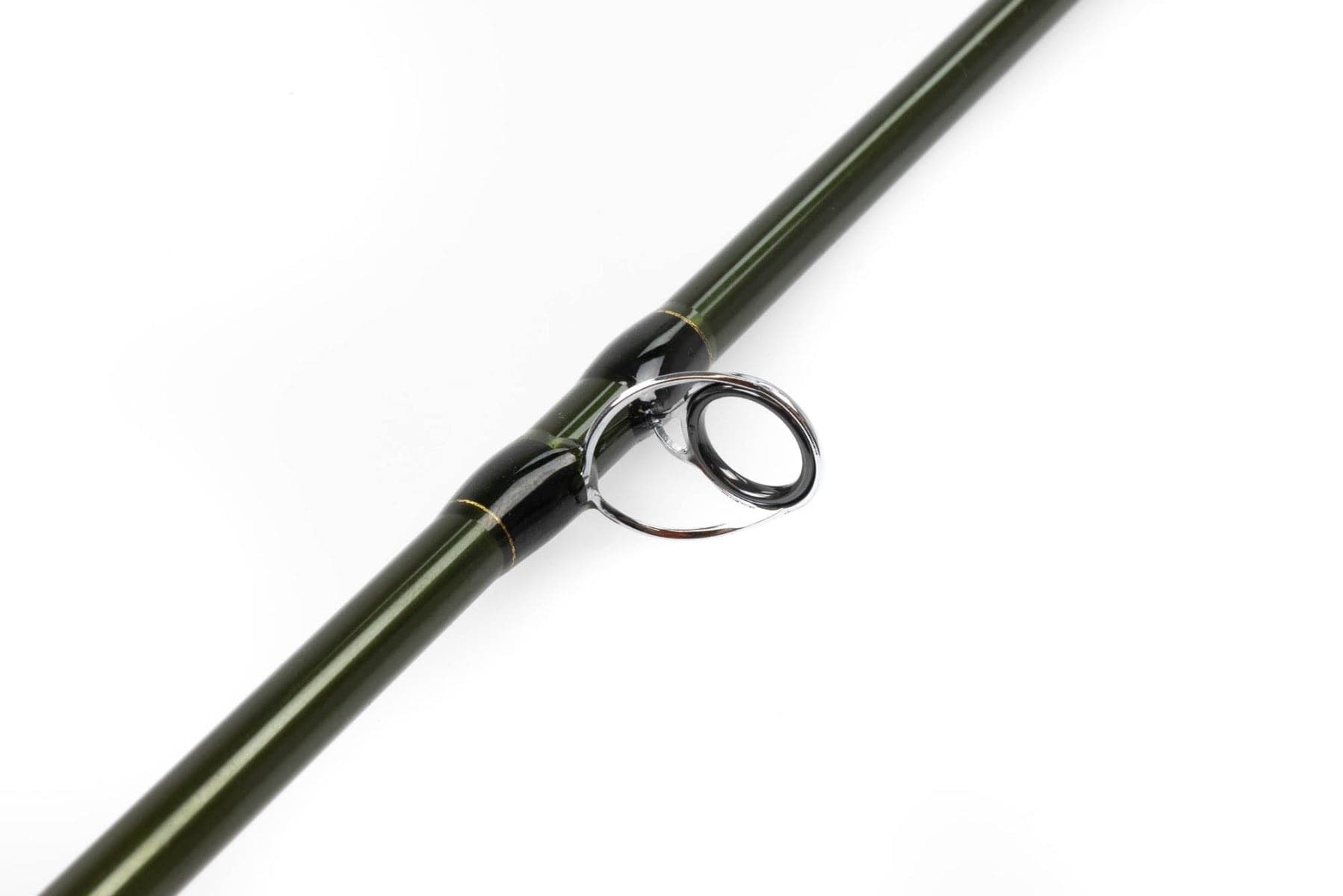 Olive green graphite Echo Trout Spey fly rod close-up showing chrome line guide, black wraps and gold trim
