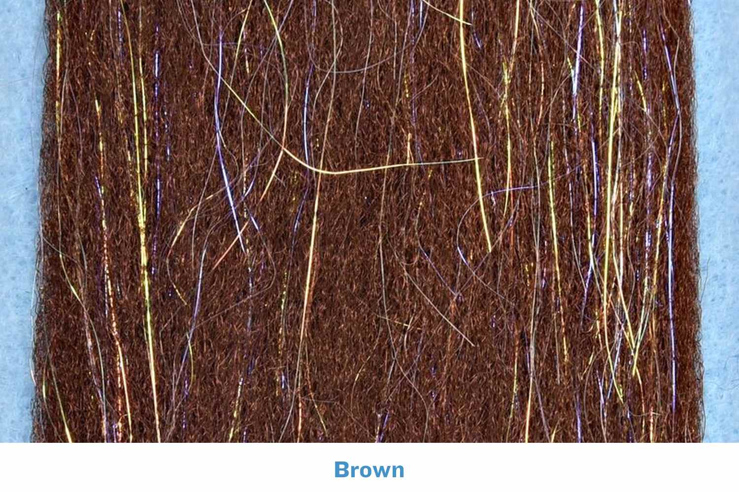 Brown fly tying fibers with fine iridescent gold and purple flash strands, textured hair-like 3D Sculpt-A-Fly