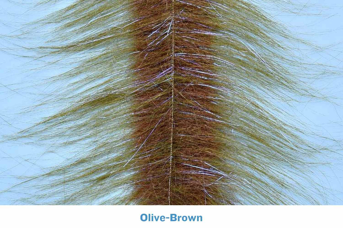 Olive-brown craft fur brush strip with long wispy synthetic hairs and silver flash for fly tying