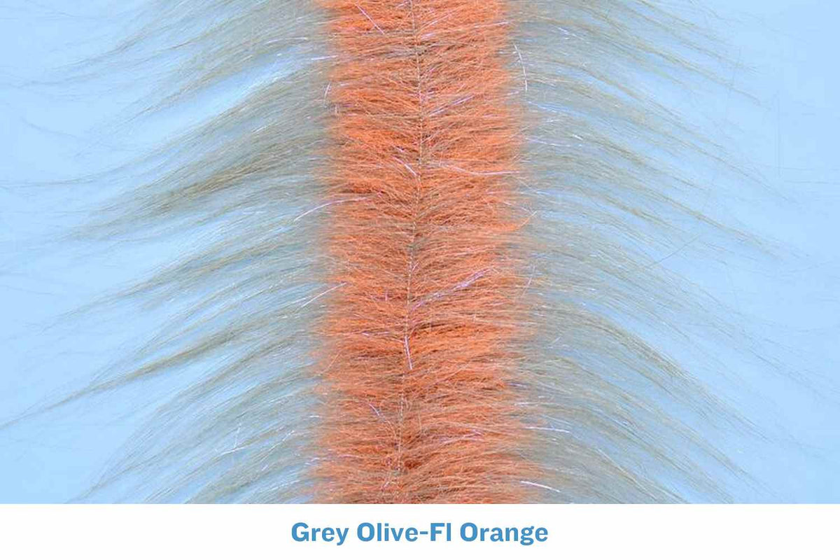 Enrico Puglisi craft fur brush: bright fluorescent orange center strip with long grey-olive fur fibers for fly tying