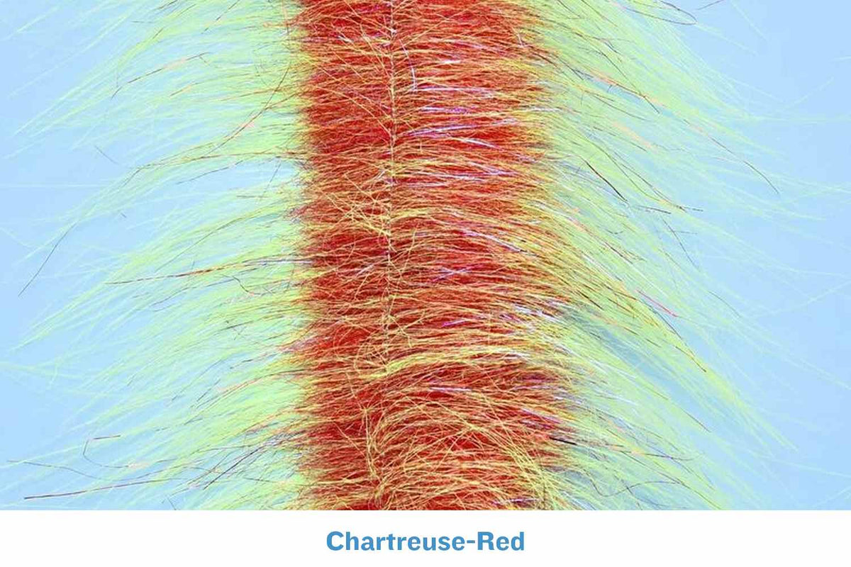 Chartreuse-red Enrico Puglisi craft fur brush with dense red center and long chartreuse synthetic fur fibers for fly tying