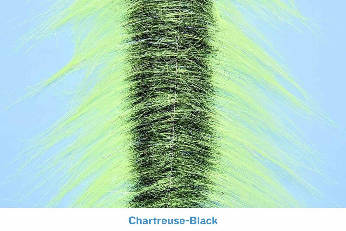 Chartreuse and black Enrico Puglisi craft fur strip with dense black core and long chartreuse synthetic fur for fly tying