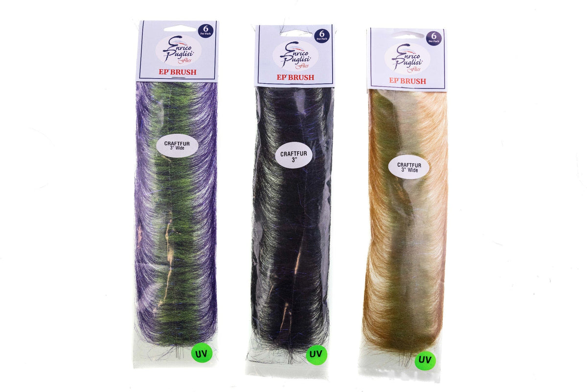 Three Enrico Puglisi EP Brush craft fur packs, iridescent purple-green, black-blue and tan-olive for fly tying