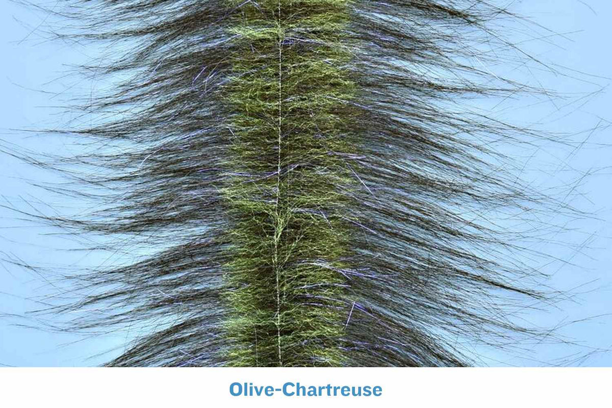 Enrico Puglisi craft fur brush strip in olive-chartreuse with long synthetic fur fibers for fly tying
