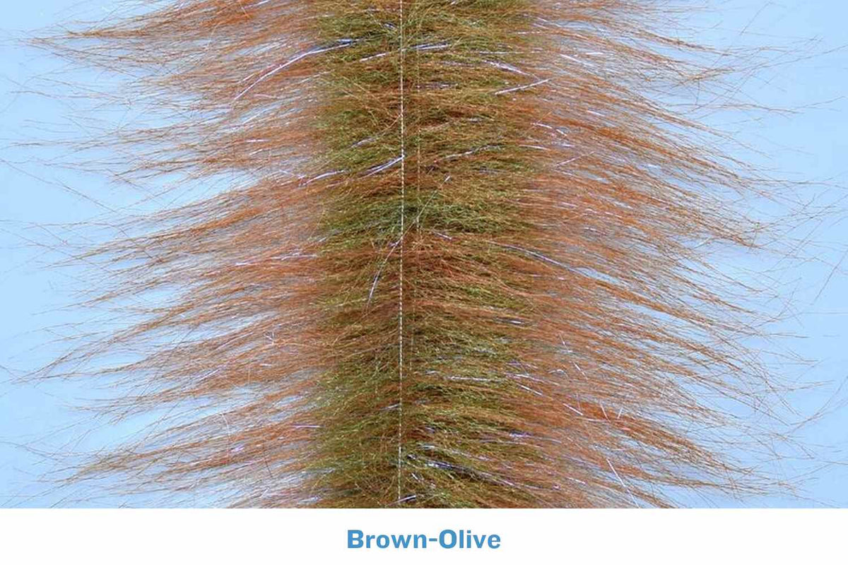 Brown-olive Enrico Puglisi craft fur brush with long synthetic fur fibers and subtle iridescent flash for fly tying