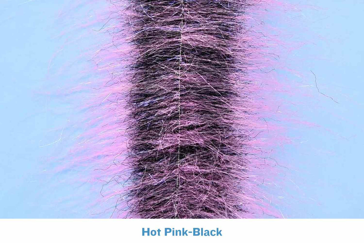 Hot pink and black craft fur strip with dense fuzzy fibers and central stitched spine for fly tying