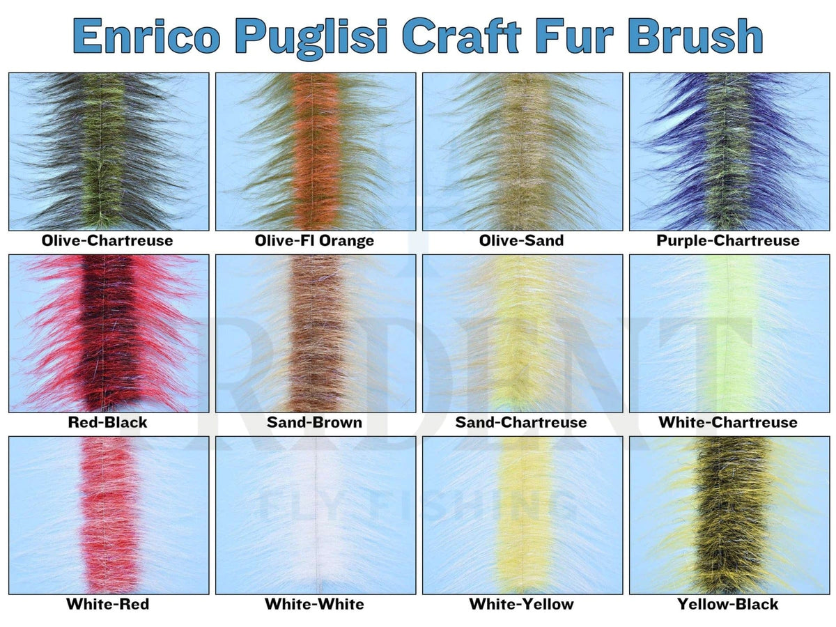 Enrico Puglisi craft fur brush swatch of shaggy synthetic fur strips in olive, purple, red, white and yellow for fly tying.