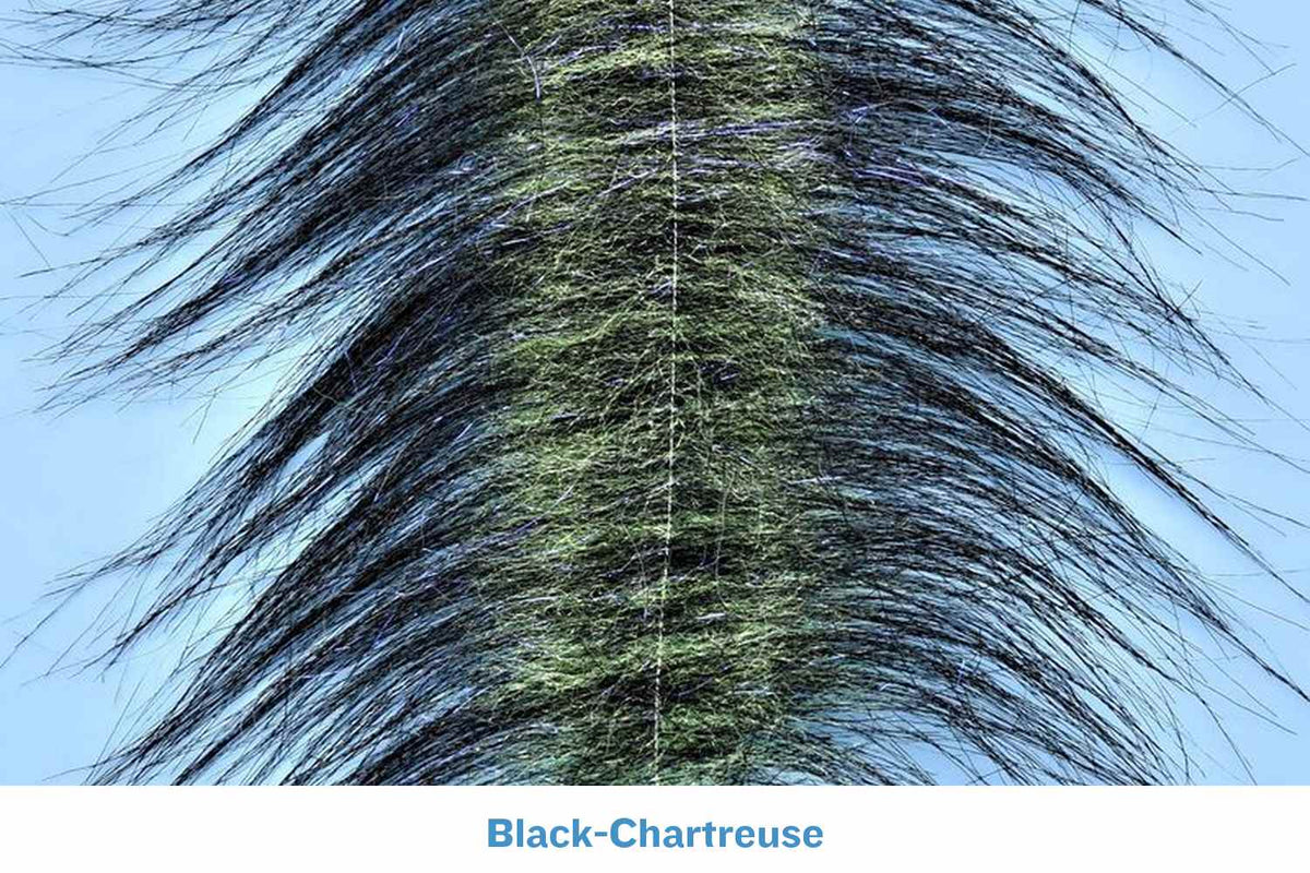 Close-up black-chartreuse craft fur brush strip with long wispy synthetic fibers along a central spine for fly tying