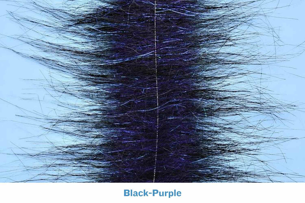 Black-purple craft fur brush strip with long wispy synthetic fibers and iridescent purple flash for fly tying