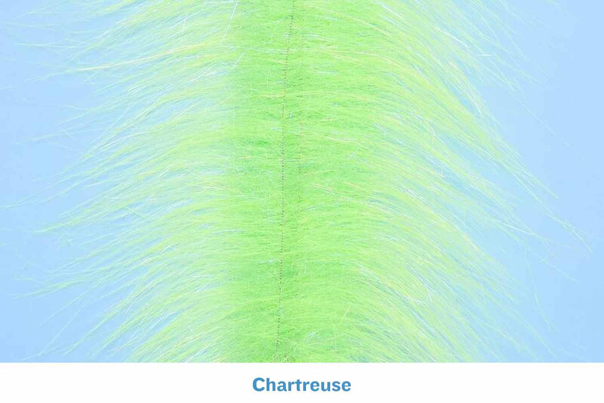 Chartreuse synthetic craft fur strip with long wispy fibers and stitched center, Enrico Puglisi fly tying brush