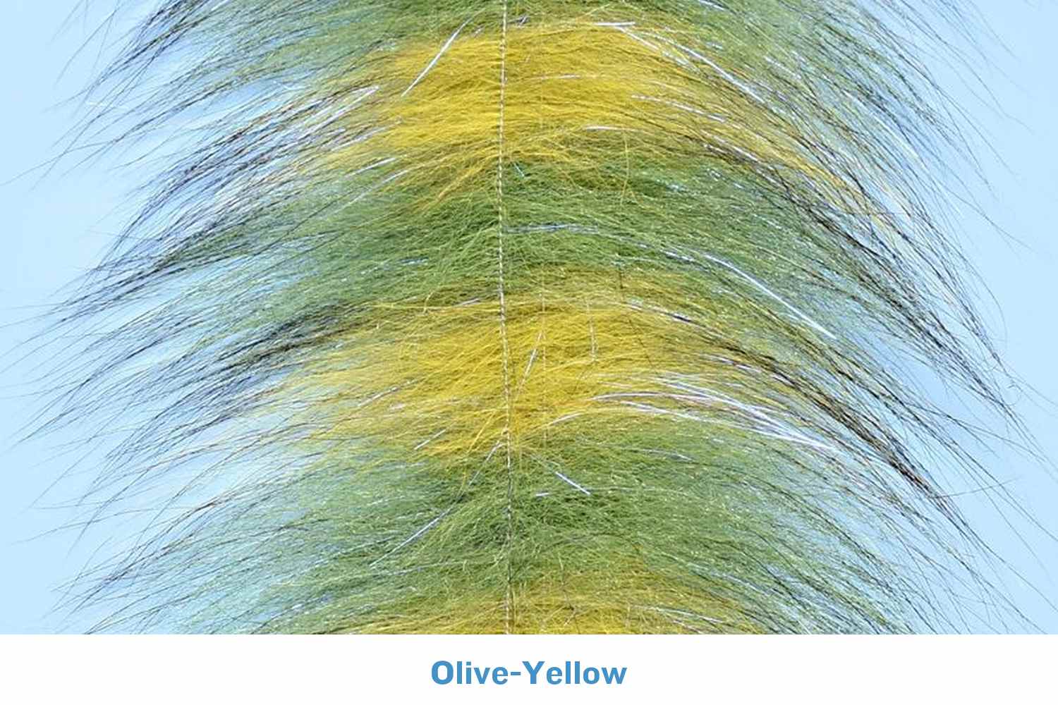 Olive-yellow grizzly fox brush with long wispy fur fibers, subtle silver flash and central seam for fly tying