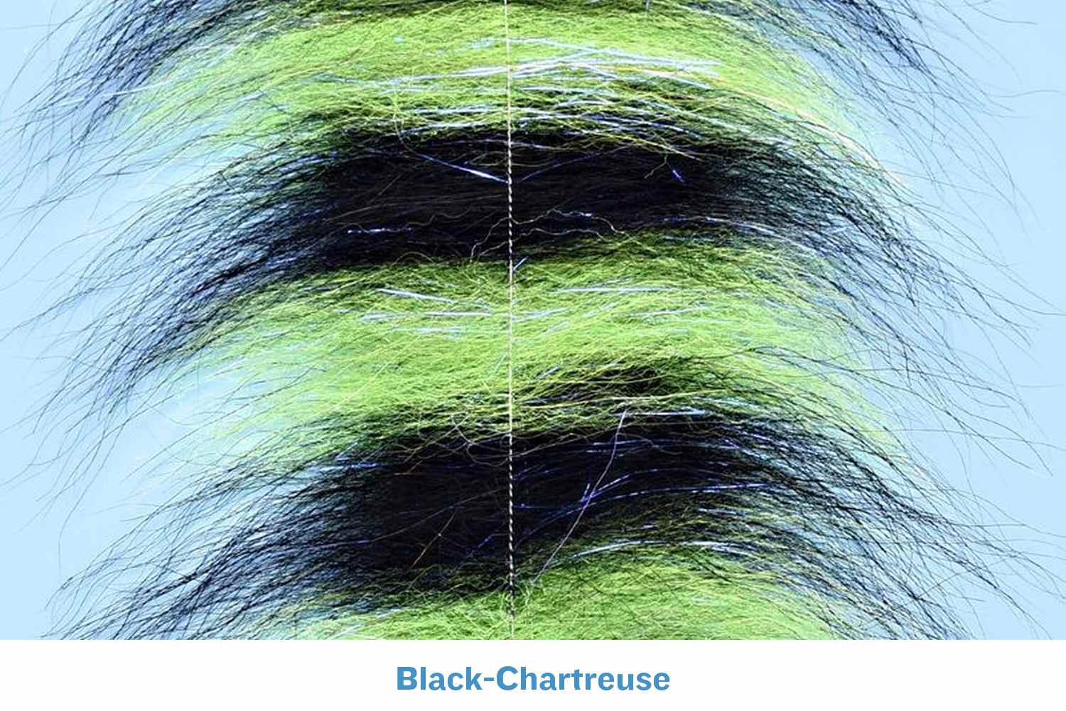 Striped black and chartreuse synthetic fur Grizzly Foxy brush with long flowing fibers for fly tying streamer bodies