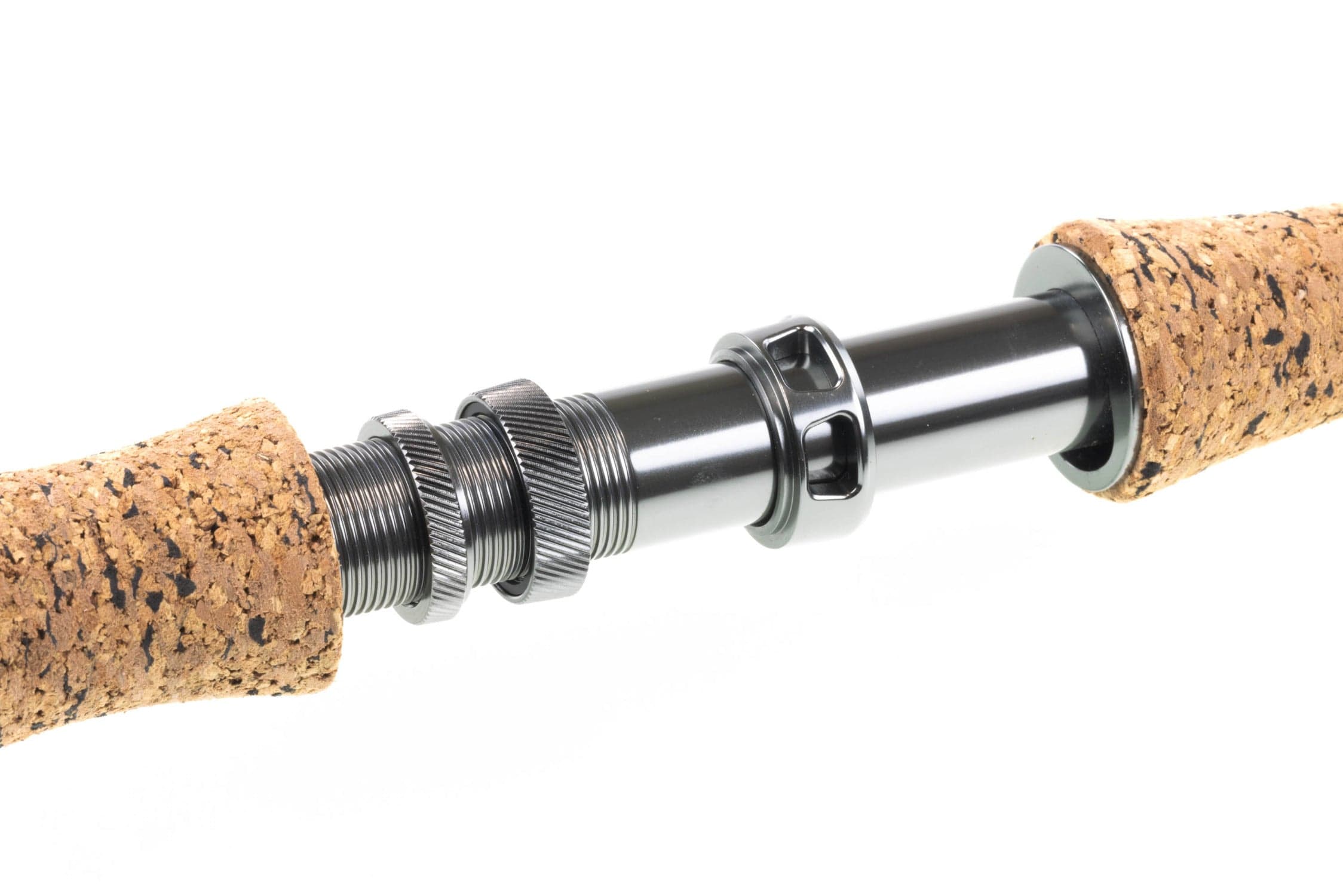 G. Loomis IMX-Pro musky fly rod black anodized reel seat with knurled locking rings and speckled cork handles