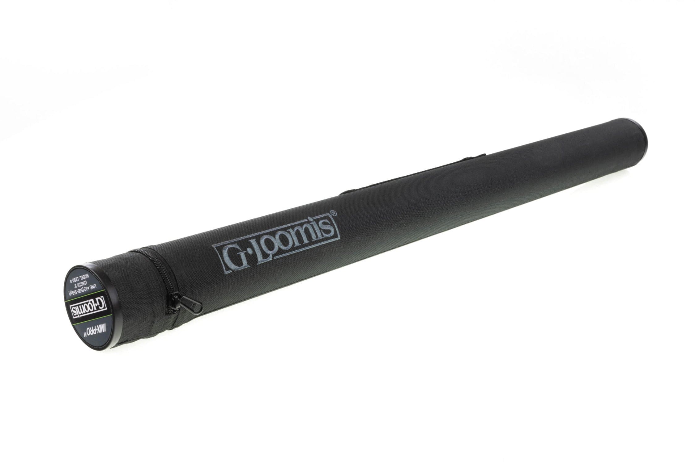 Black cylindrical G. Loomis zippered fabric rod case with end cap label for IMX-PRO musky fly rod