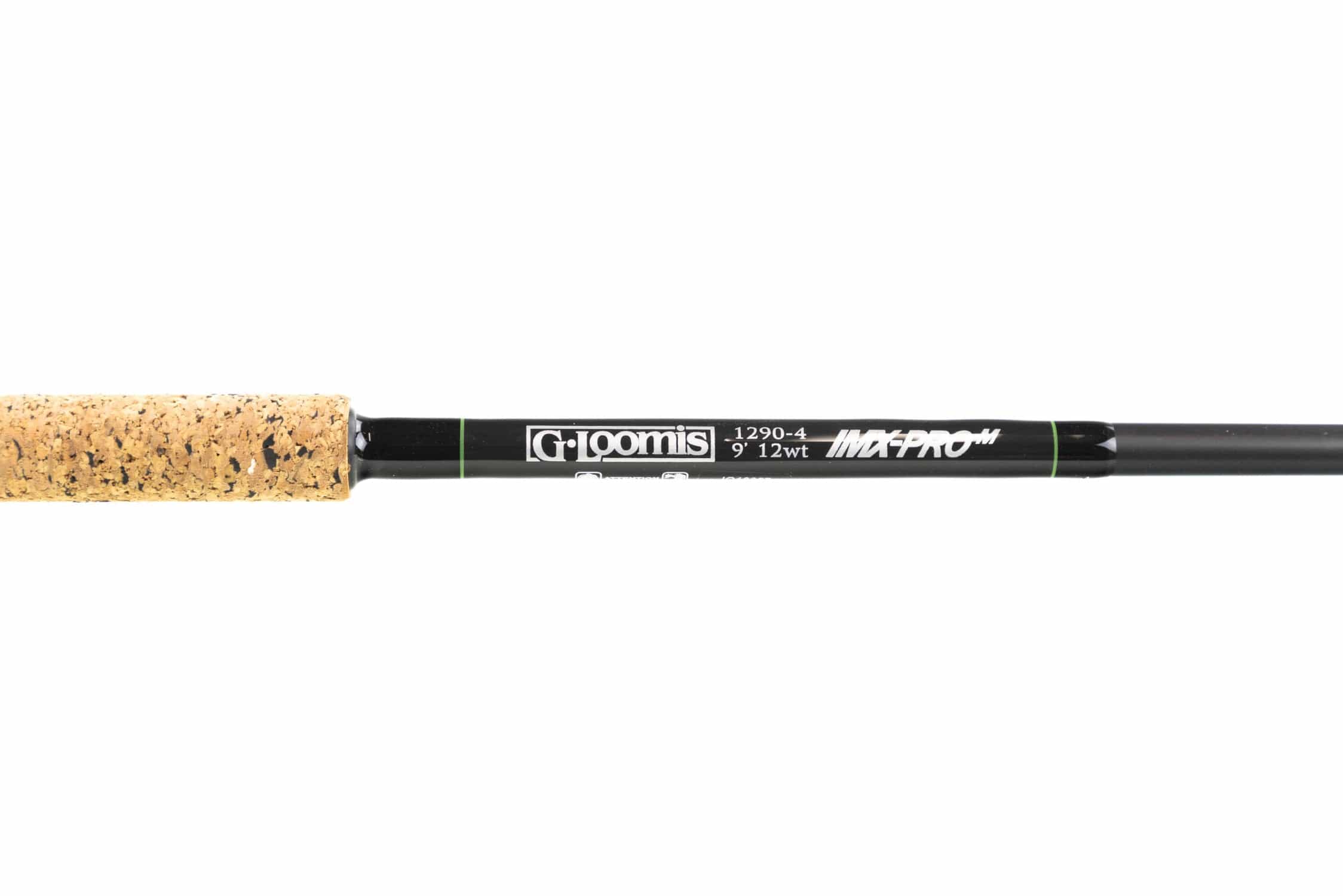 G. Loomis IMX-Pro black musky fly rod blank with cork handle, green trim and white logo, 9' 12wt markings