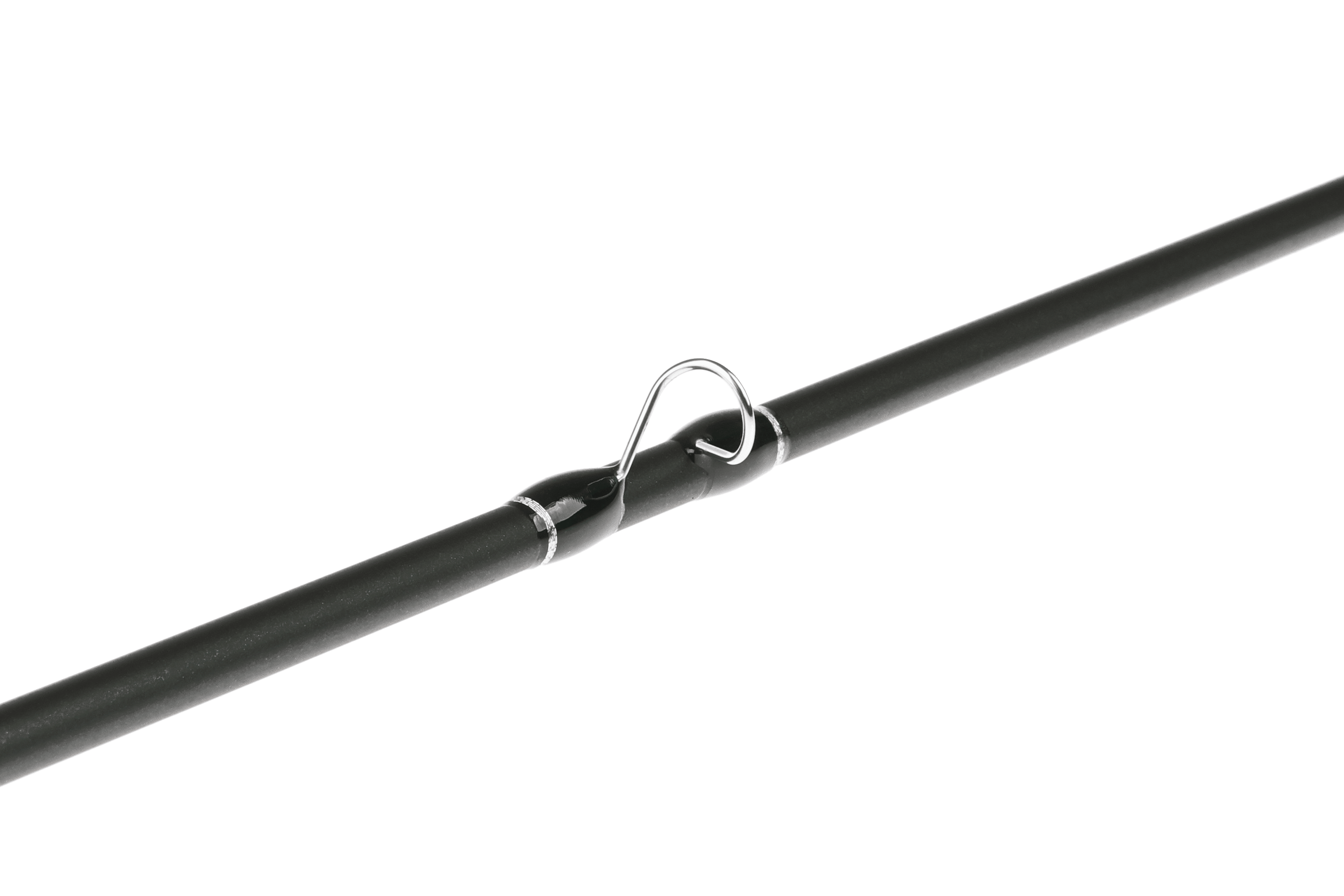 Gaelforce black graphene spey rod close-up of matte blank and silver guide ring with glossy black guide wrapping