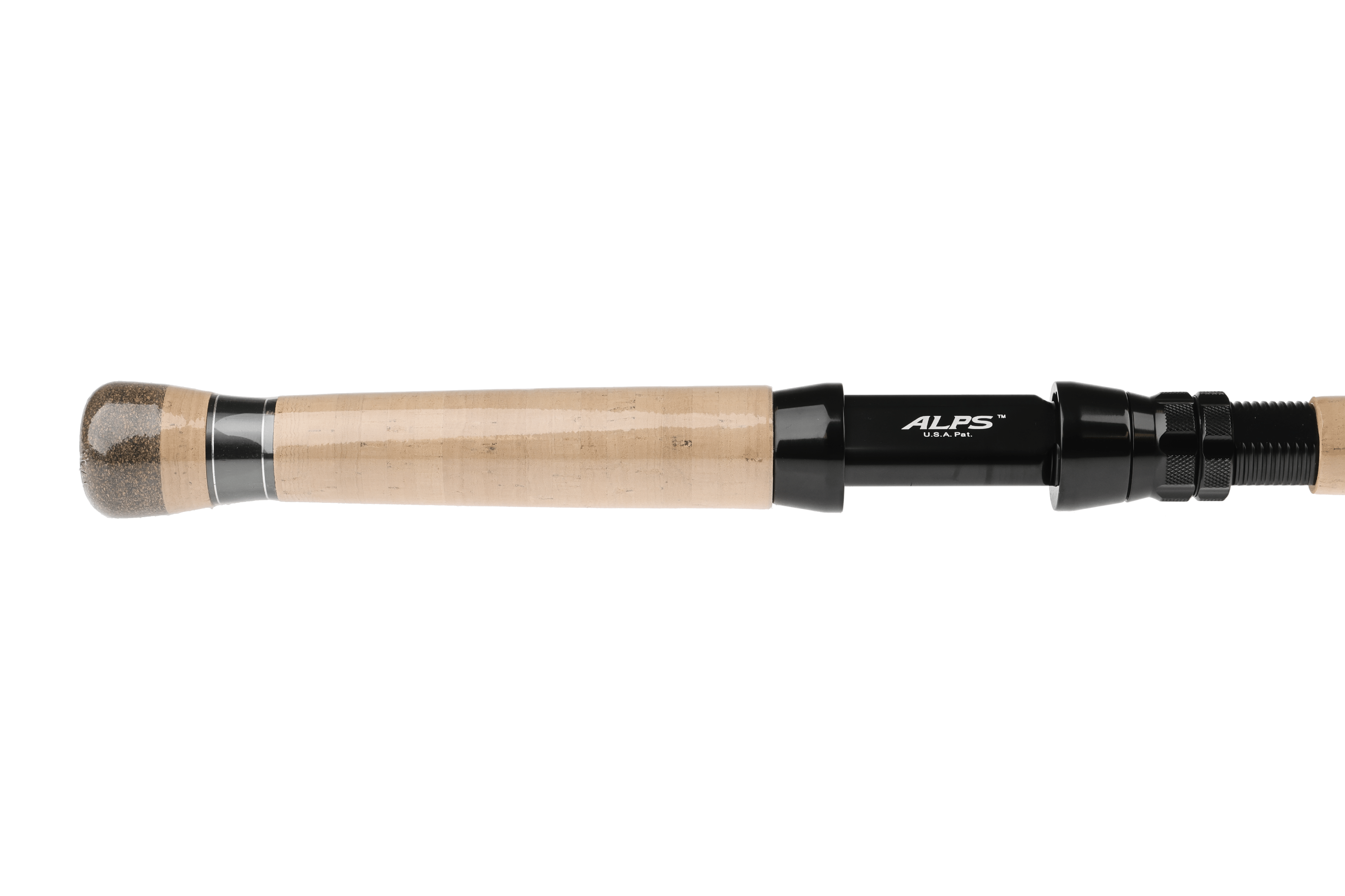 Gaelforce G+ Destination graphene spey rod cork handle with natural wood-tone cork grip and black ALPS reel seat