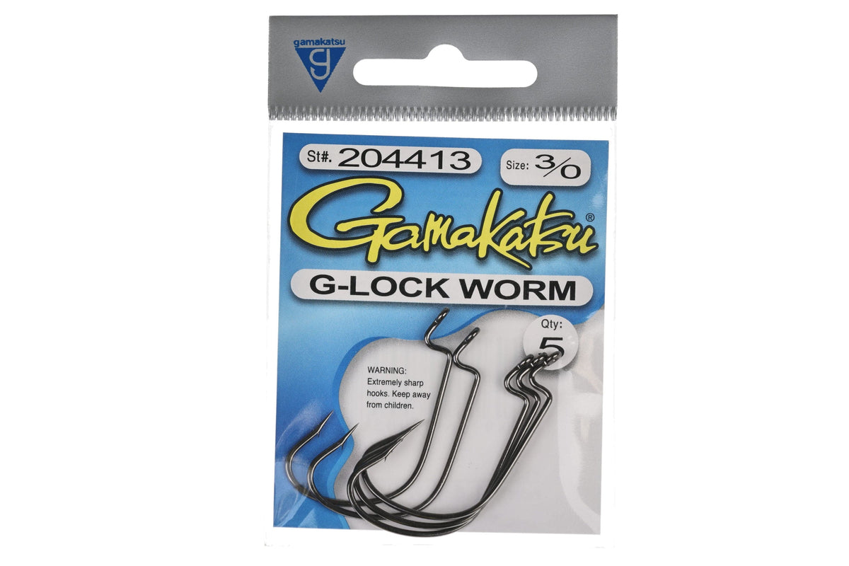 Blue Gamakatsu card showing black metal G-Lock worm hooks, offset curved design, size 3/0, suitable for fly tying