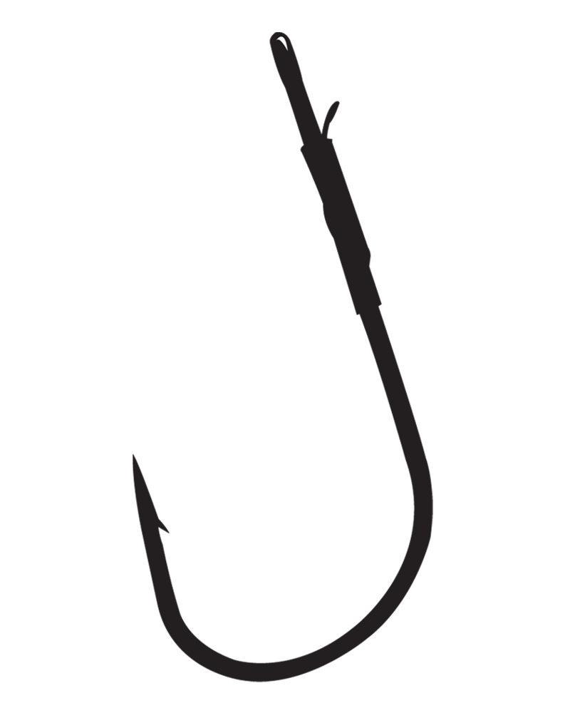 Black metal Gamakatsu heavy cover worm hook with offset shank, wide bend, barb and molded bait keeper for fly tying