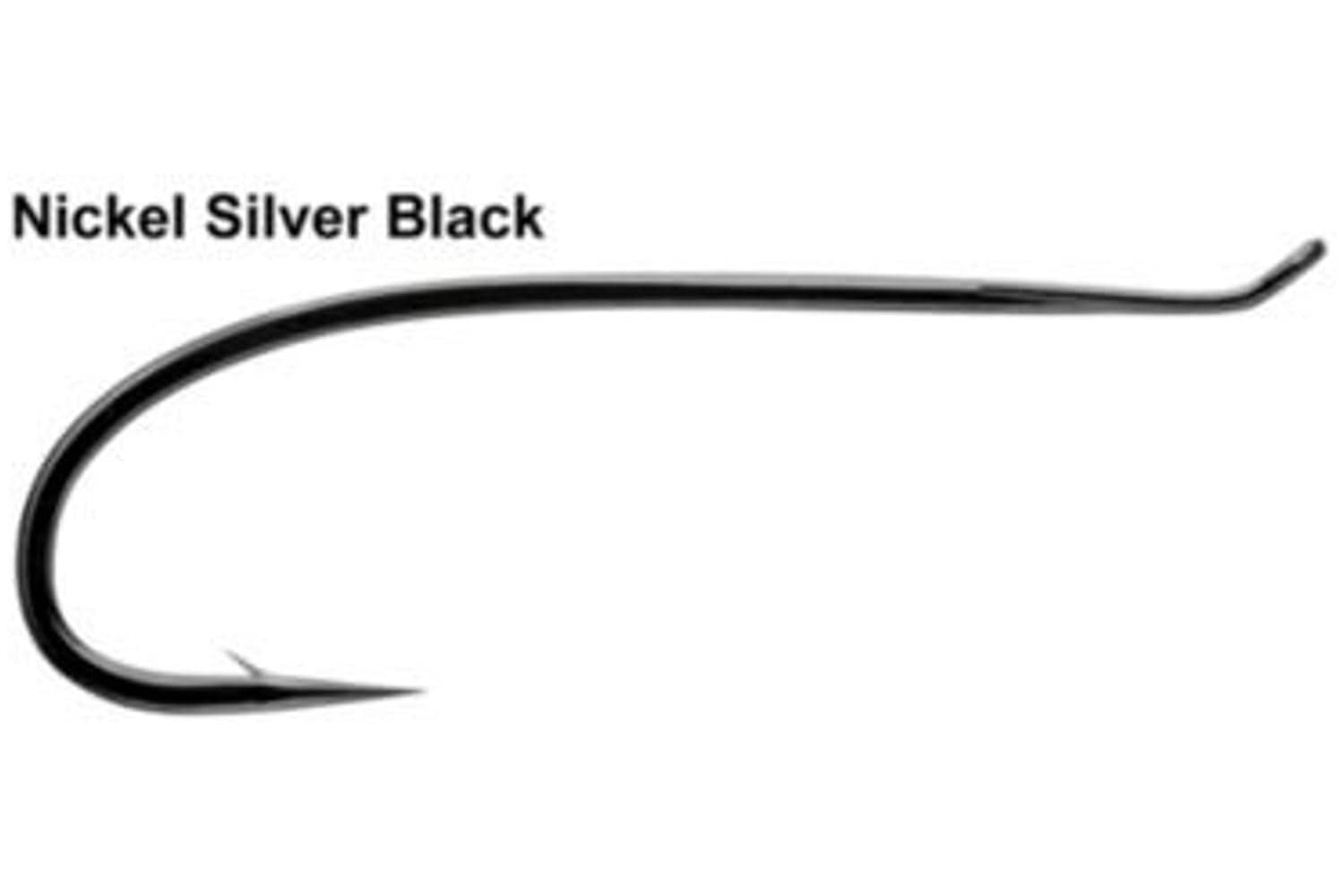 Nickel silver black Gamakatsu tapered loop-eye salmon hook with elongated shank and sharp point for fly tying