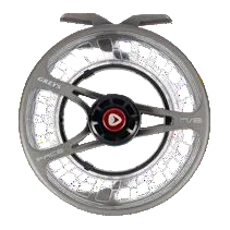 Greys Pace Cassette fly reel in carbon with a clear cassette spool fitted