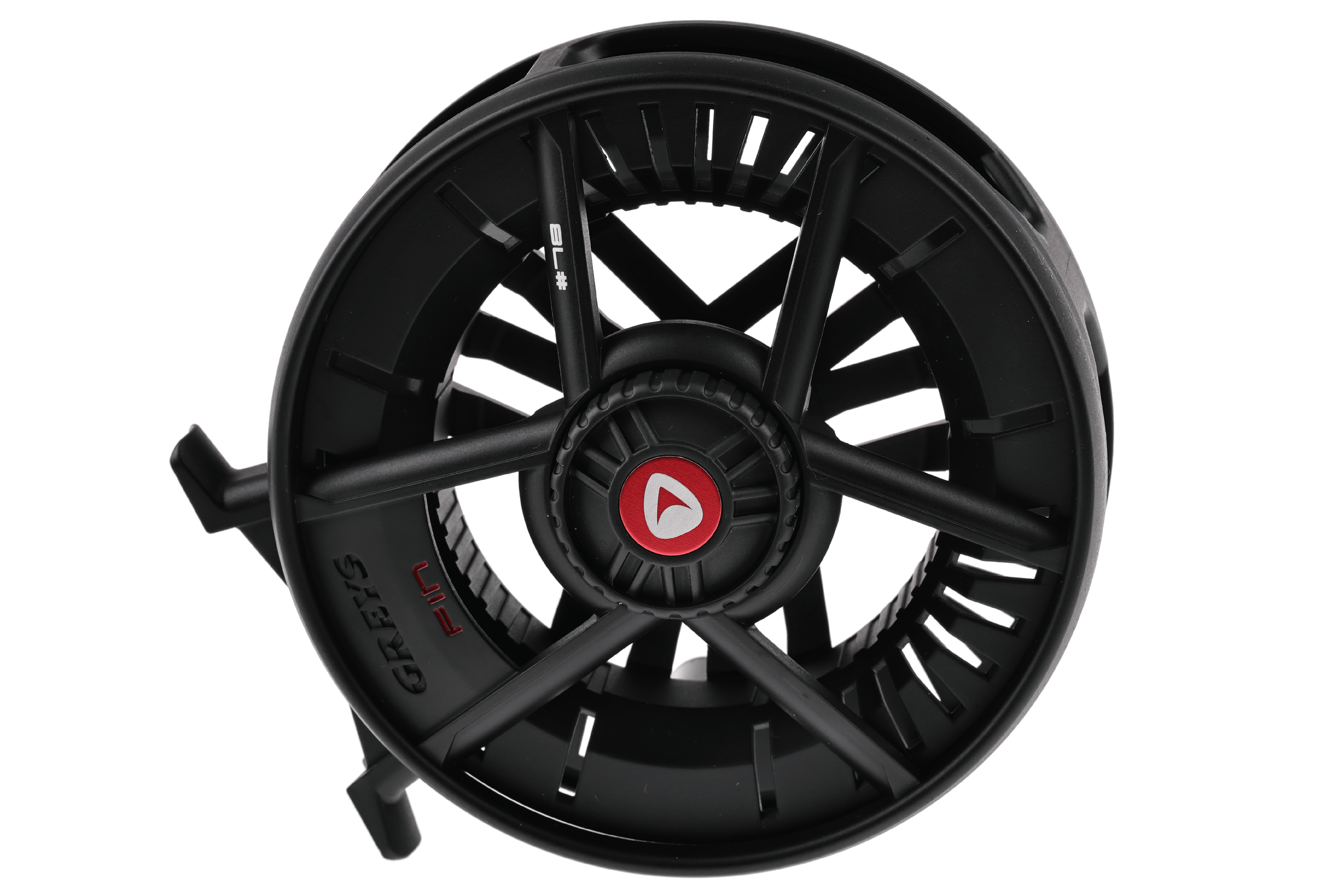 Matte black Greys Fin fly reel with large-arbor skeletal spool, five-spoke design and red center logo