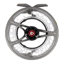 Greys Pace Cassette fly reel in carbon with a clear cassette spool fitted
