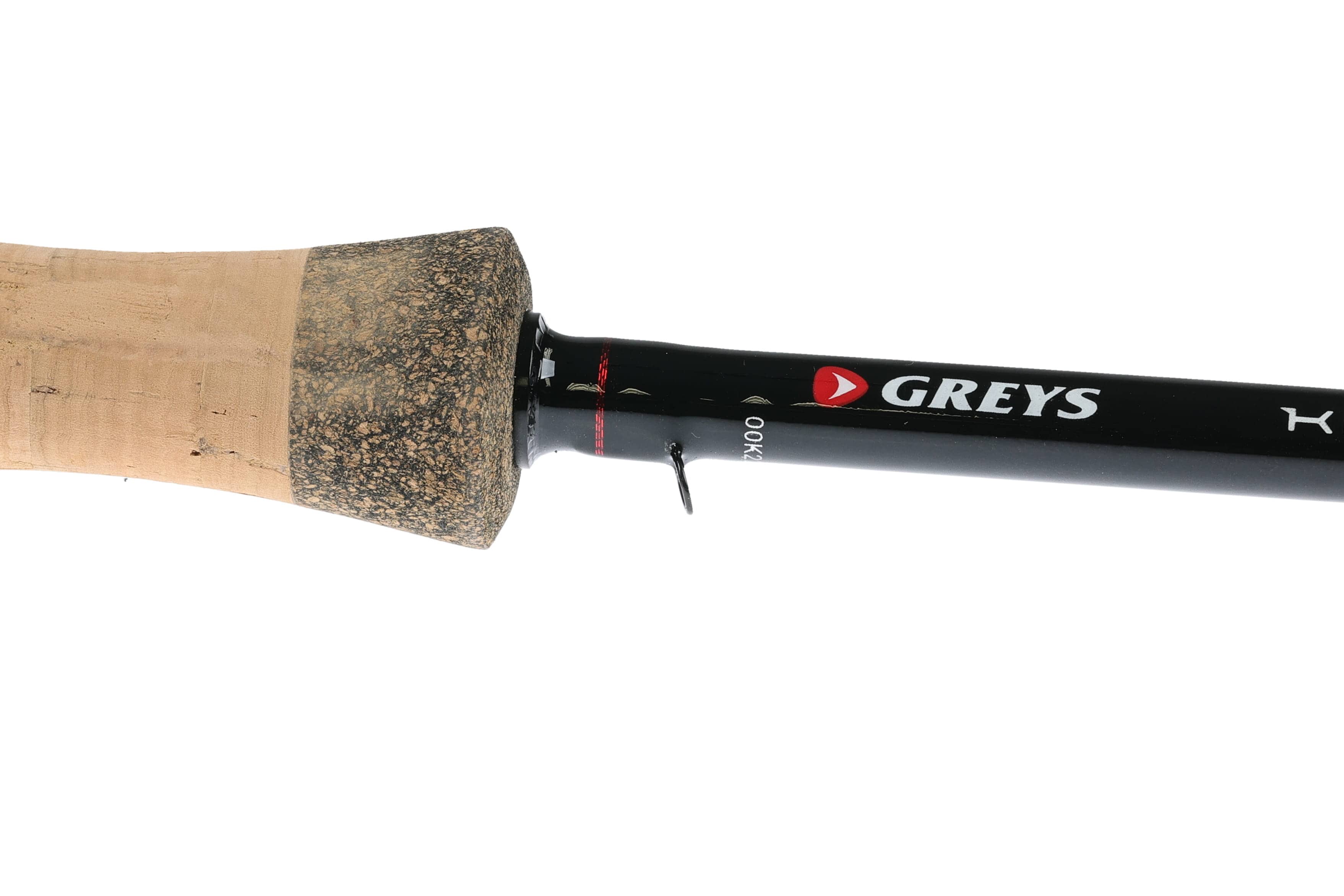 Greys Kite Switch fly rod cork handle with speckled cork butt, glossy black blank, white GREYS logo and red badge