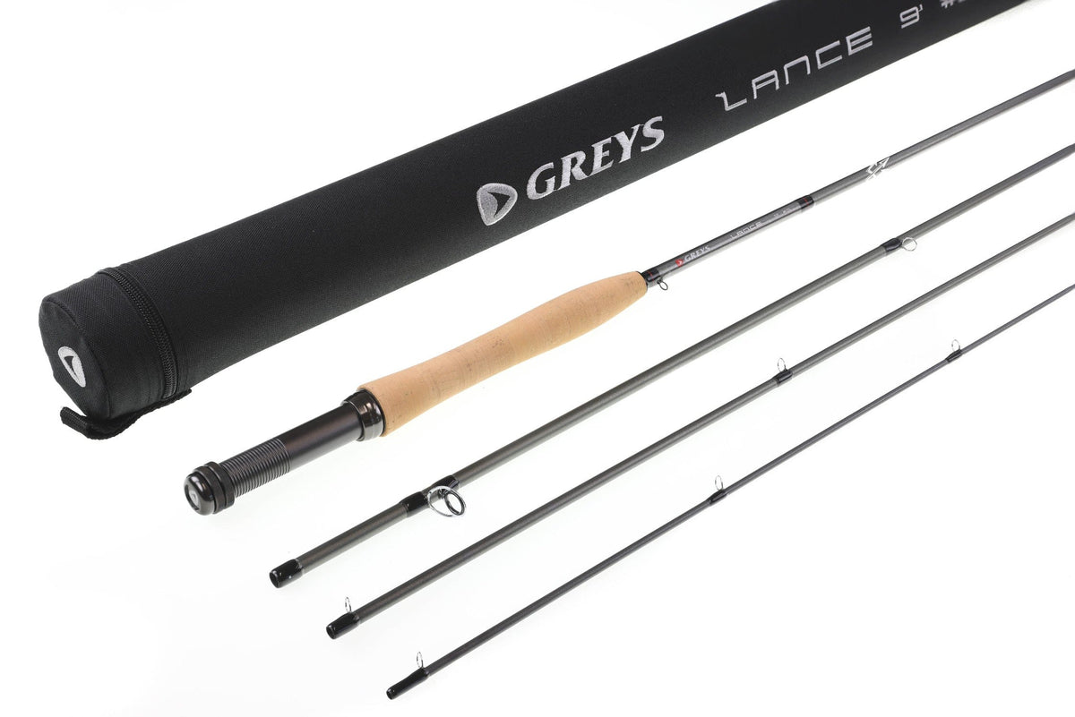Greys Lance graphite fly rod 4-piece grey blanks with cork handle and black zippered rod tube