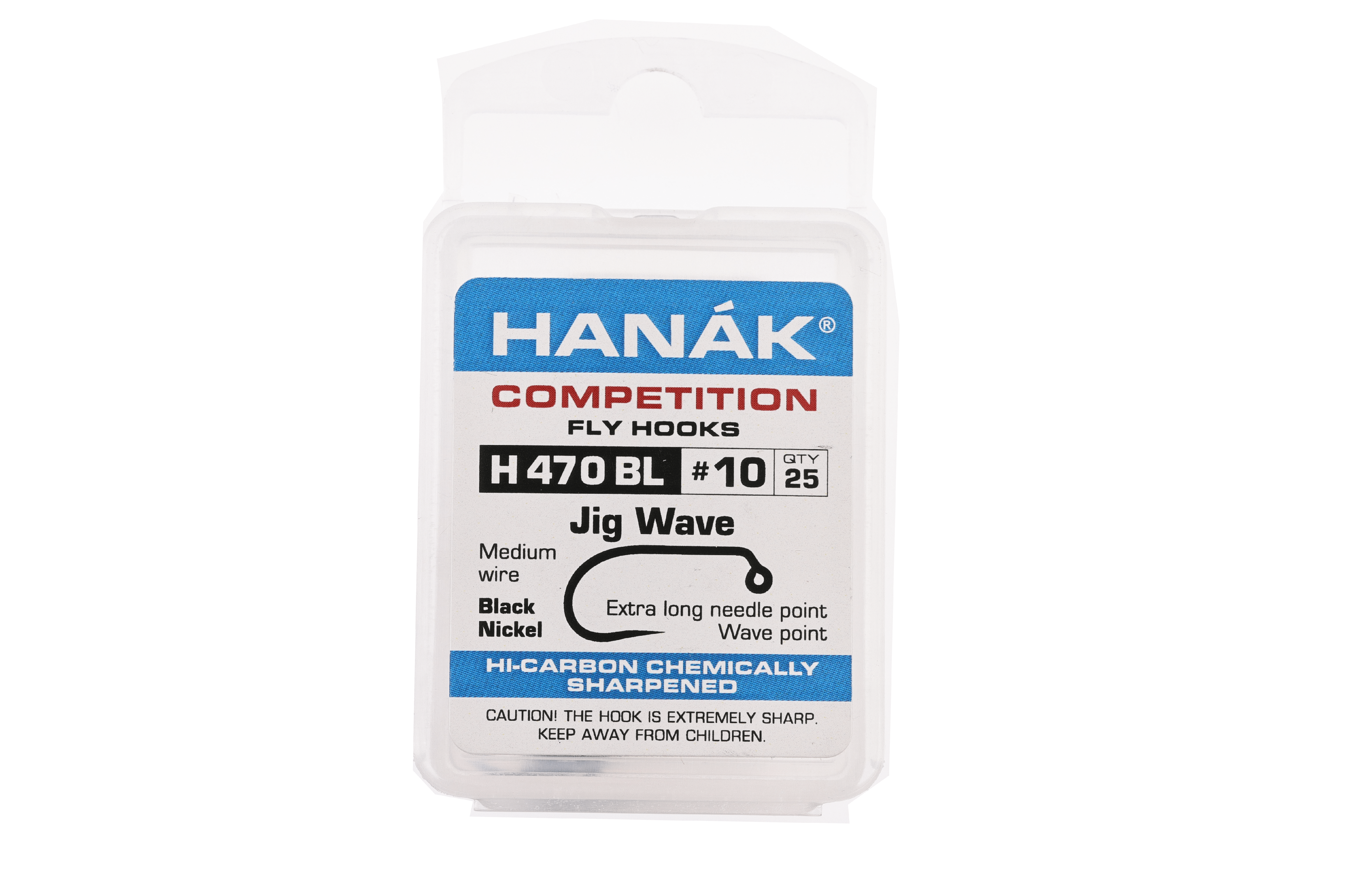 Clear plastic case with white label, Hanak blue logo, red COMPETITION text, H470BL #10 fly hooks Jig Wave black-nickel hook
