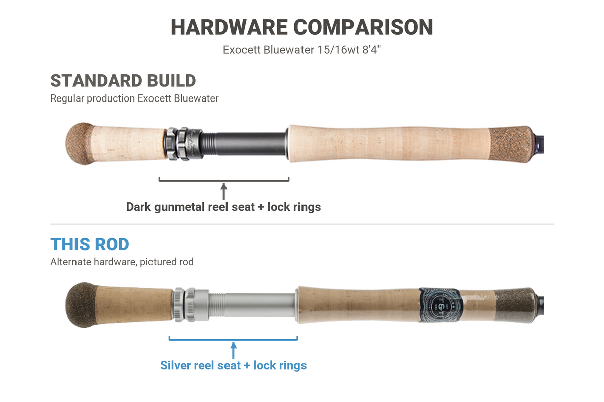 Hardware comparison: the standard Exocett Bluewater has a dark gunmetal reel seat and lock rings; this rod has a silver reel seat and lock rings