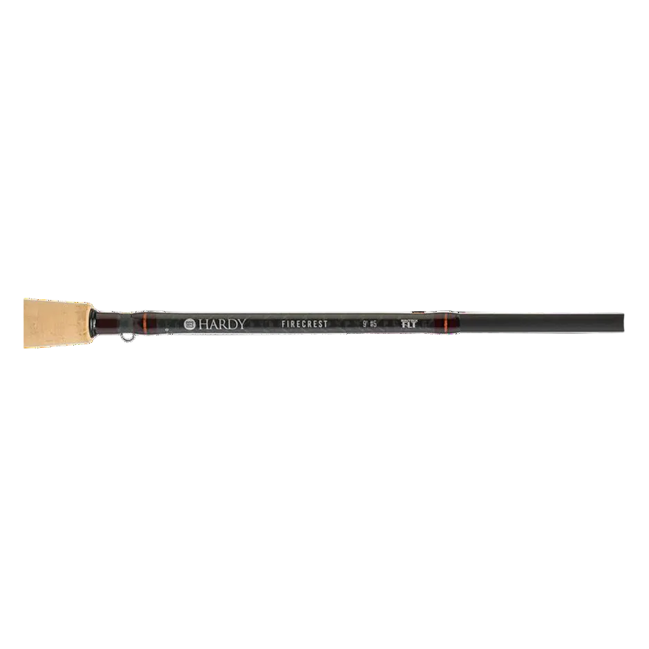 Hardy Firecrest fly rod in black with cork handle, red accent wraps and Firecrest branding on the blank