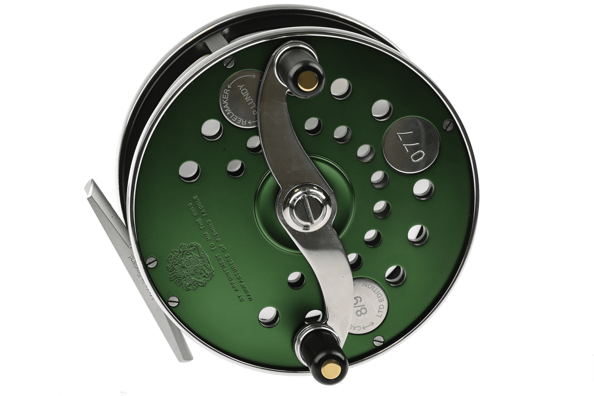 Hardy Cascapedia MKV limited edition fly reel, green anodized aluminum spool, polished silver frame, black handles