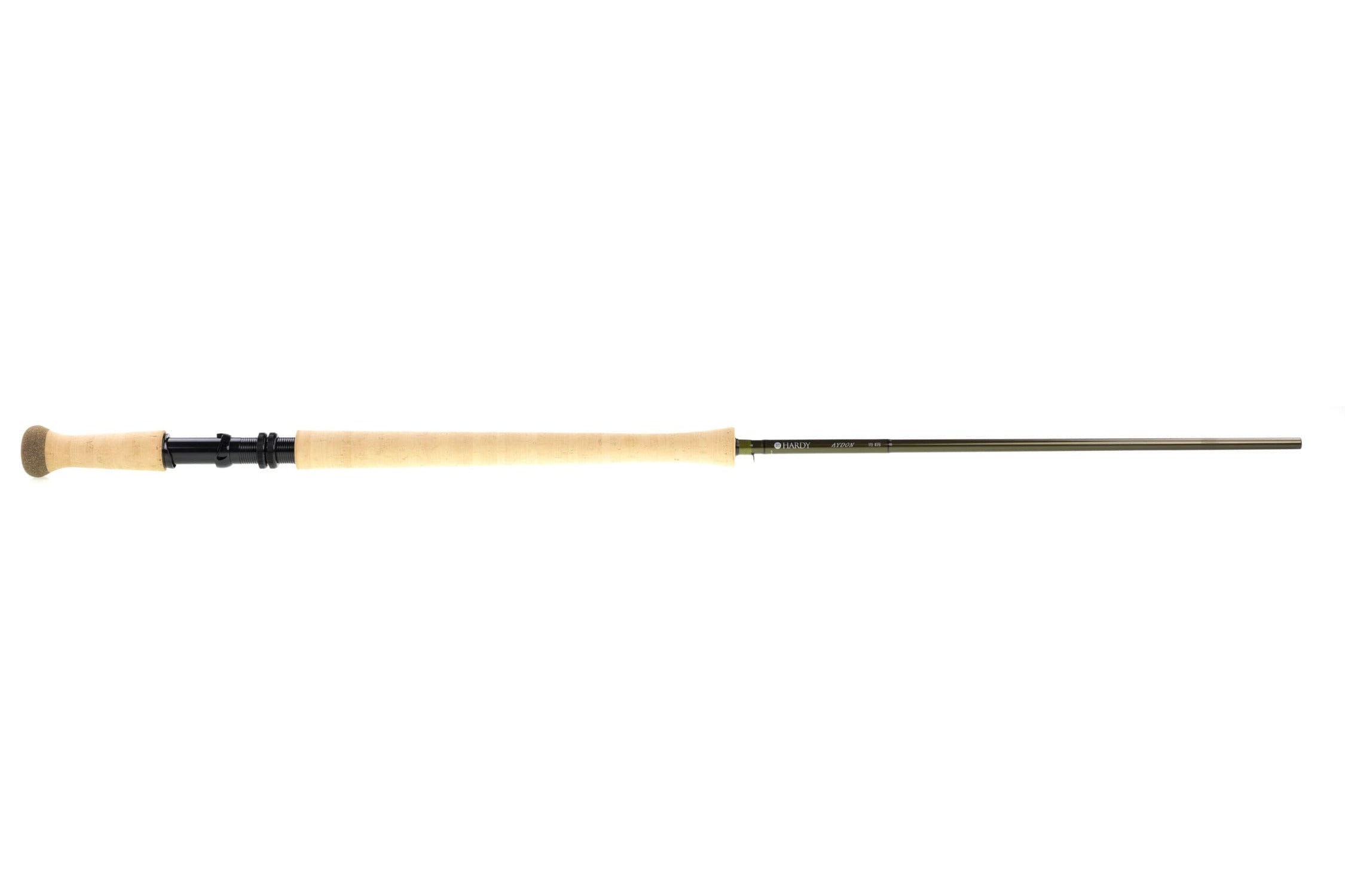 Hardy Aydon Spey rod with long olive-green graphite blank, cork full-length grip and black machined reel seat