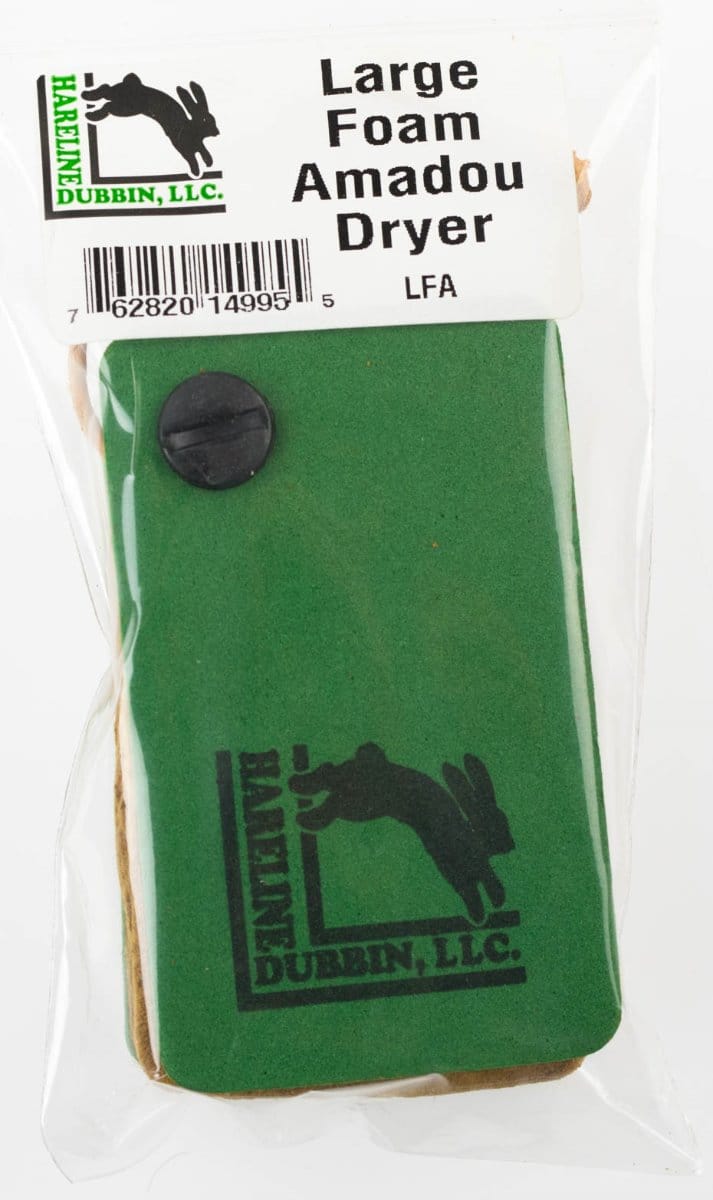 Hareline green foam amadou dryer with black rabbit logo and rivet, in clear plastic bag — fly-tying accessory