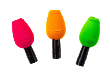 Hareline tapered foam slip indicators in fluorescent pink, orange and green on black plastic stems, tapered bullet style