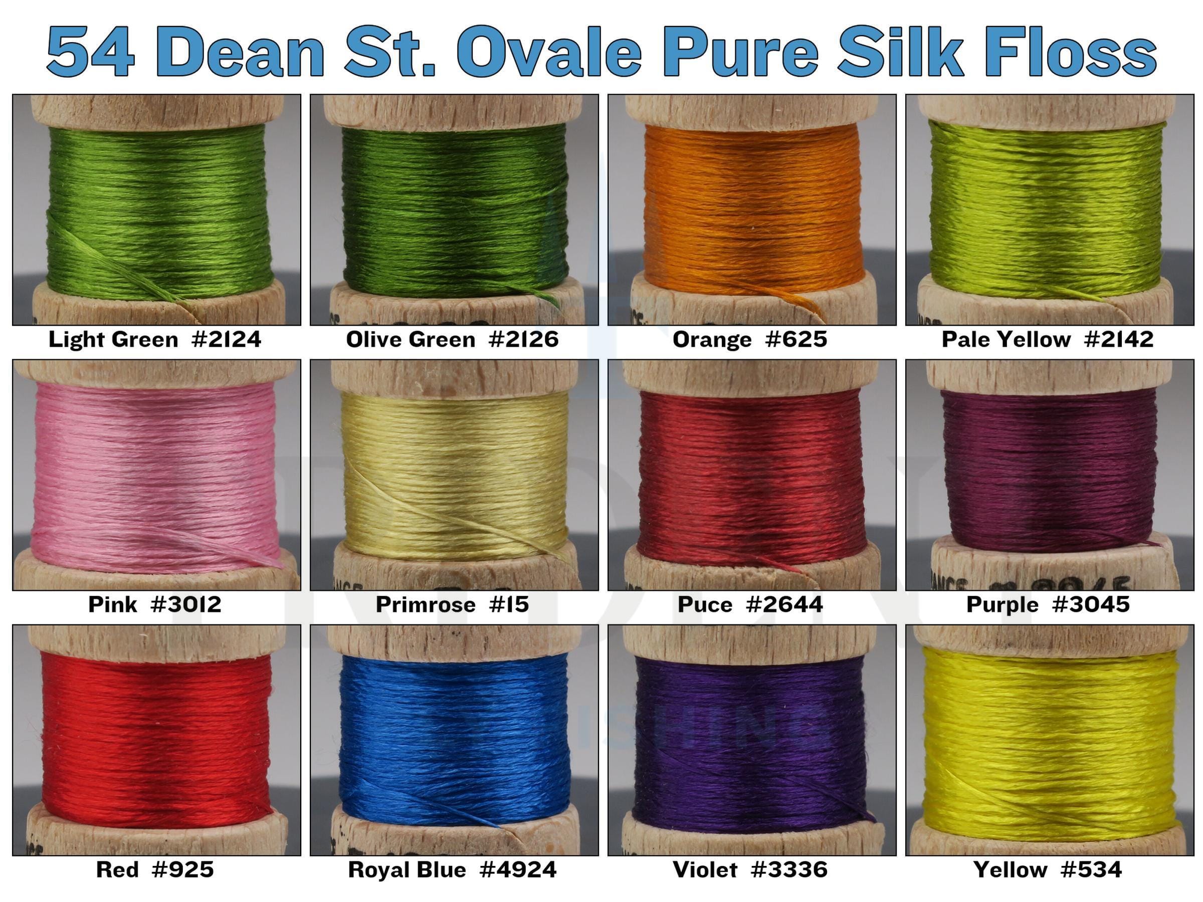 12 wooden spools of pure silk floss in vibrant greens, orange, pink, red, blue, violet and yellow for fly tying