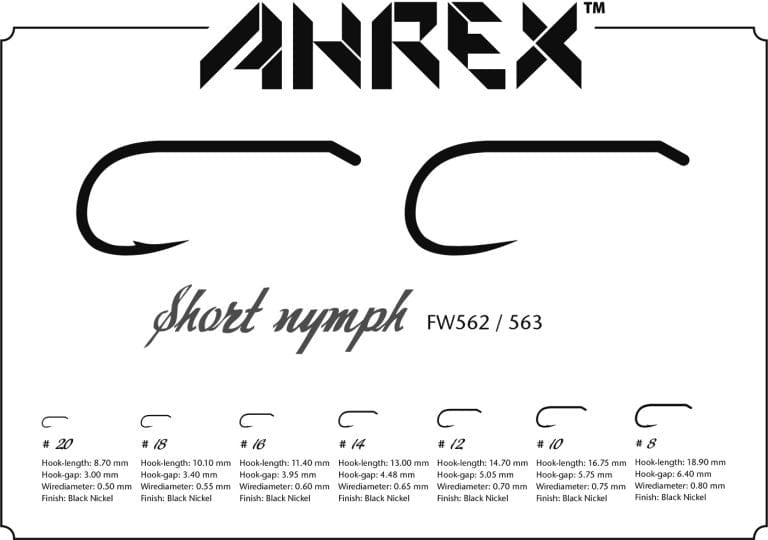 Short barbless nymph hooks, black nickel curved steel for fly tying, compact short-shank sizes labeled FW562/563