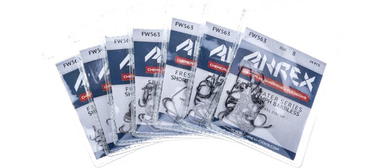 Ahrex FW563 short barbless nymph hooks fanned in clear blister packs, black nickel finish short-shank fly-tying hooks