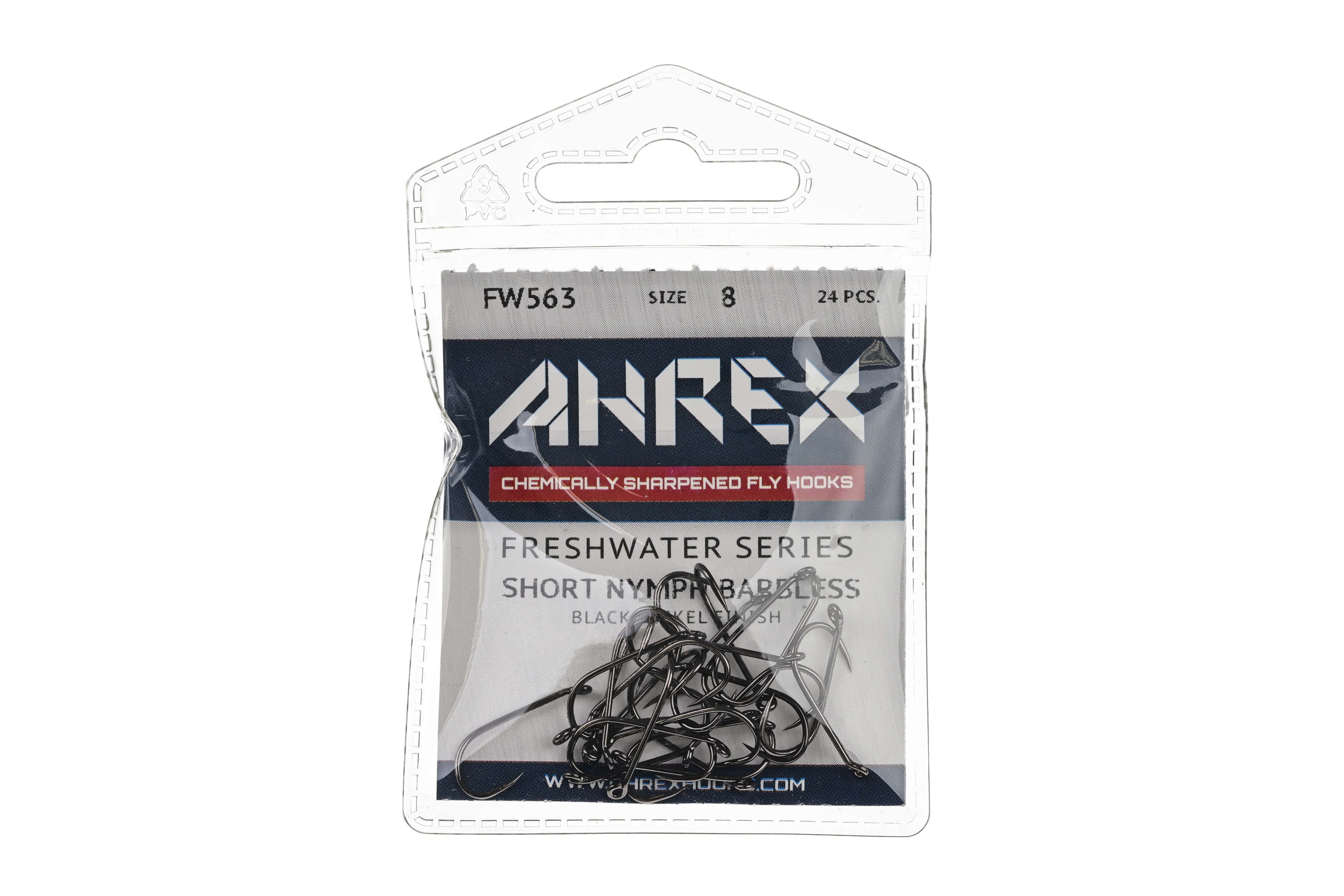 Ahrex FW563 short barbless nymph hooks in black nickel, metal short-shank fly tying hooks in clear retail pouch